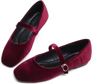 Hee grand Velvet Mary Jane Flats for Women Dressy Comfortable Square Toe Ballet Flats with Buckle Strap Retro Mary Jane Shoes