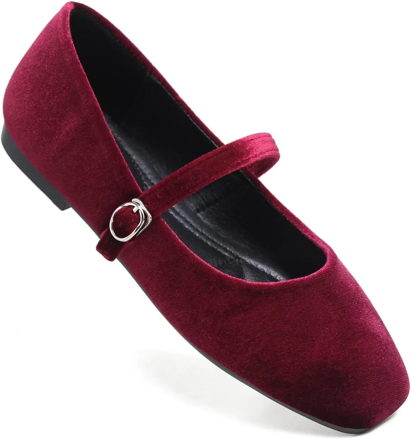 Hee grand Velvet Mary Jane Flats for Women Dressy Comfortable Square Toe Ballet Flats with Buckle Strap Retro Mary Jane Shoes