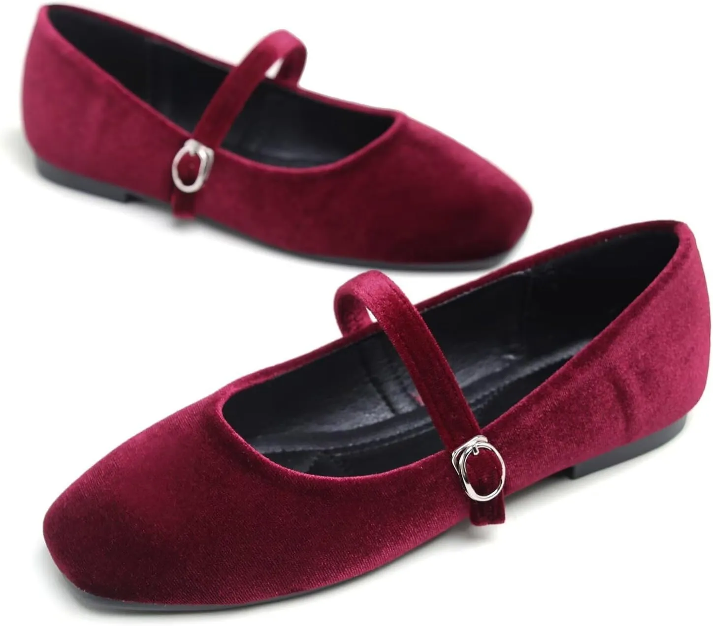 Hee grand Velvet Mary Jane Flats for Women Dressy Comfortable Square Toe Ballet Flats with Buckle Strap Retro Mary Jane Shoes