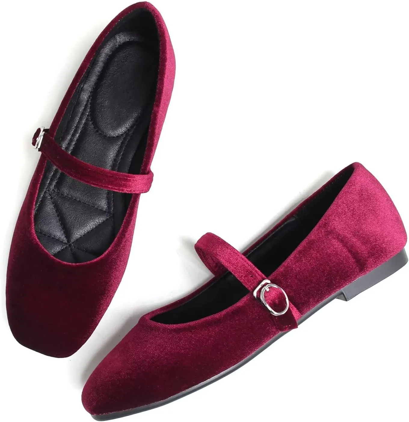 Hee grand Velvet Mary Jane Flats for Women Dressy Comfortable Square Toe Ballet Flats with Buckle Strap Retro Mary Jane Shoes