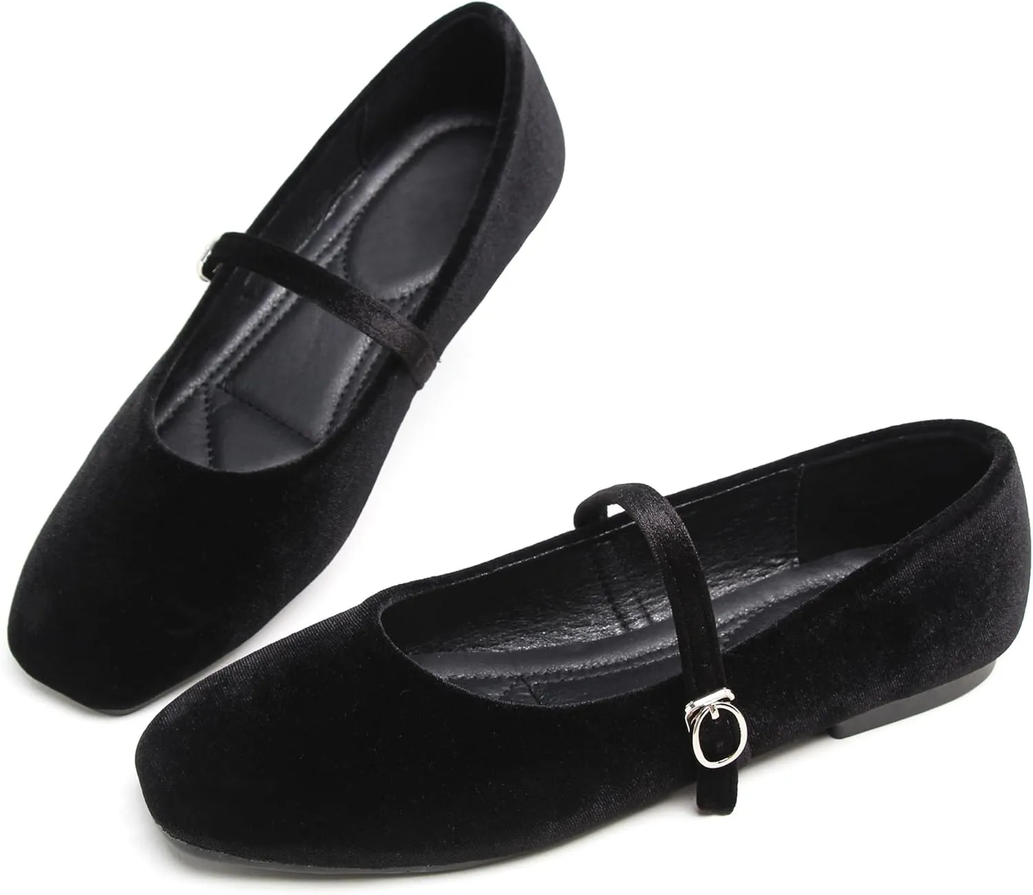 JiangWei Shu Women's Square Toe Ballets Comfortable Flats Soft Velvet Mary Jane Flats Casual Dressy Shoes