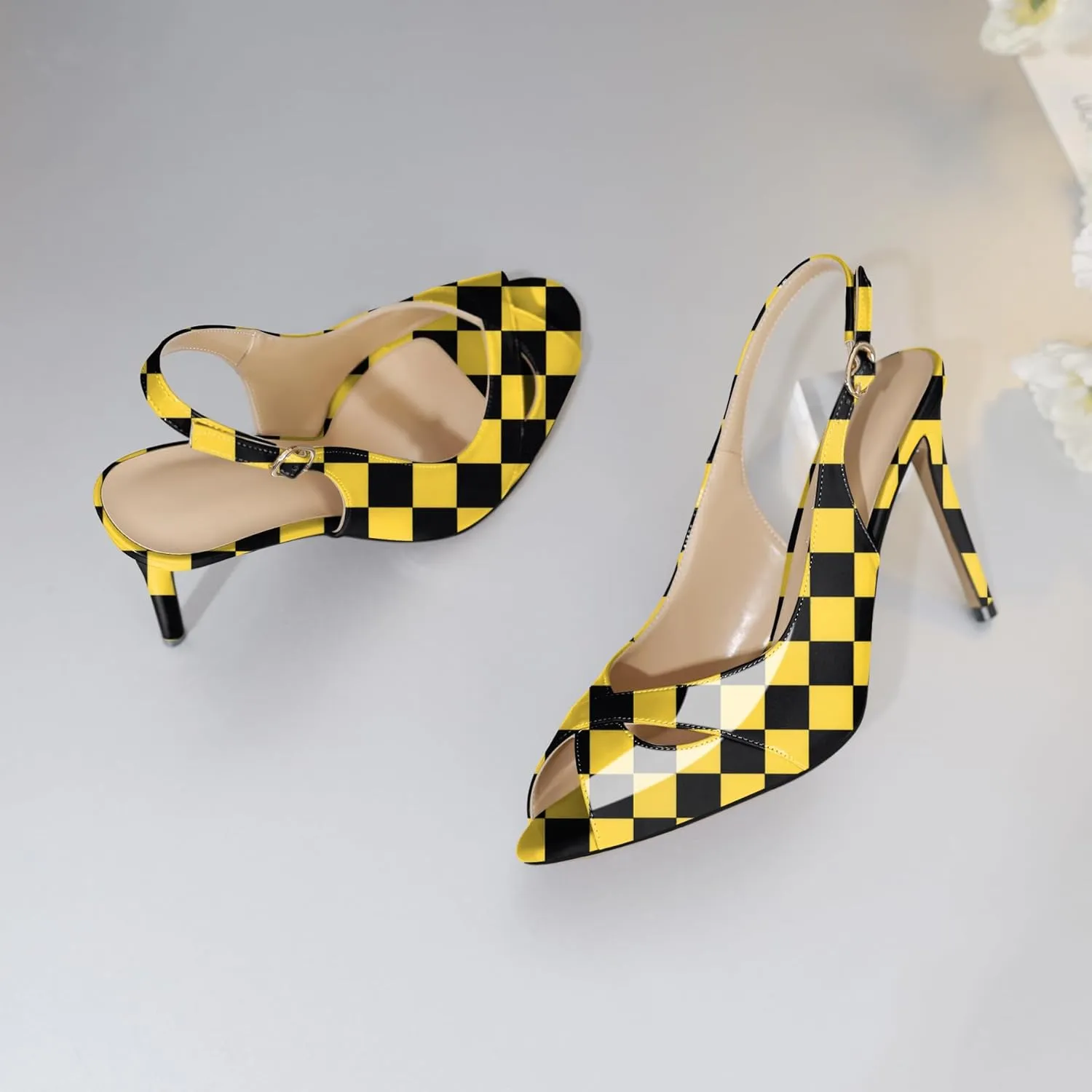 Soireelady Womens Slingback Heels Peep Toe Stiletto High Heel Pumps Slip On Stilettos Cross Strap Adjustable Buckle Dress Shoes Patent Leather 4 Inches