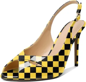 Soireelady Womens Slingback Heels Peep Toe Stiletto High Heel Pumps Slip On Stilettos Cross Strap Adjustable Buckle Dress Shoes Patent Leather 4 Inches